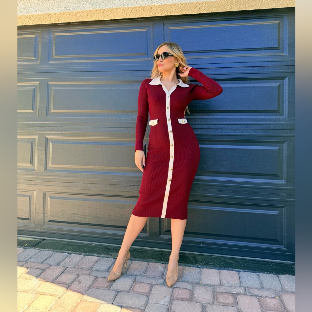 226 ‘Alex’ Elegant Burgundy and White Women's Dress - Picture 6 of 12